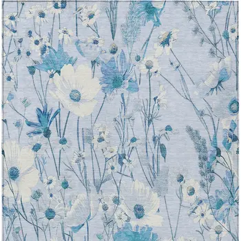 5' X 8' Sky Blue And Denim Blue Floral Washable Indoor Outdoor Area Rug