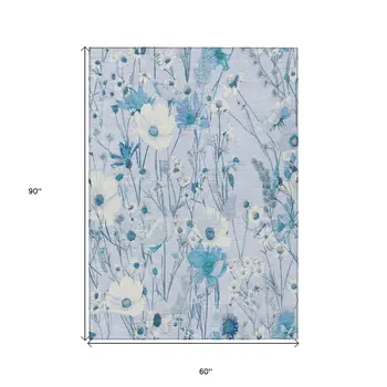 5' X 8' Sky Blue And Denim Blue Floral Washable Indoor Outdoor Area Rug