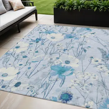 5' X 8' Sky Blue And Denim Blue Floral Washable Indoor Outdoor Area Rug