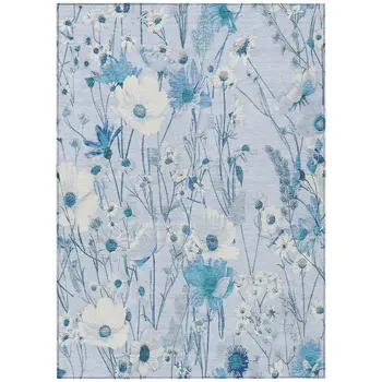 5' X 8' Sky Blue And Denim Blue Floral Washable Indoor Outdoor Area Rug