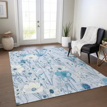 5' X 8' Sky Blue And Denim Blue Floral Washable Indoor Outdoor Area Rug