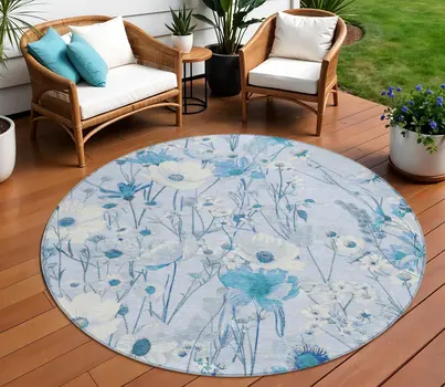 8' Sky Blue And Denim Blue Round Floral Washable Indoor Outdoor Area Rug