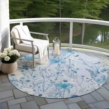 8' Sky Blue And Denim Blue Round Floral Washable Indoor Outdoor Area Rug