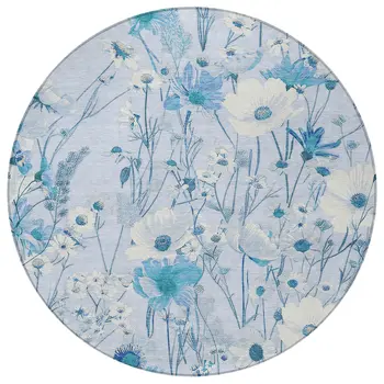 8' Sky Blue And Denim Blue Round Floral Washable Indoor Outdoor Area Rug