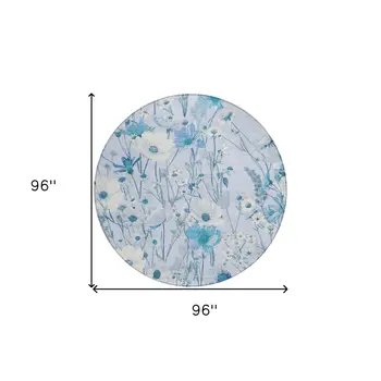8' Sky Blue And Denim Blue Round Floral Washable Indoor Outdoor Area Rug