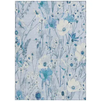 9' X 12' Sky Blue And Denim Blue Floral Washable Indoor Outdoor Area Rug