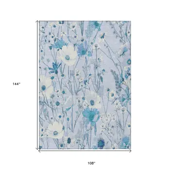9' X 12' Sky Blue And Denim Blue Floral Washable Indoor Outdoor Area Rug