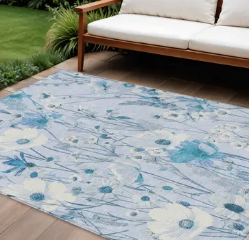 9' X 12' Sky Blue And Denim Blue Floral Washable Indoor Outdoor Area Rug