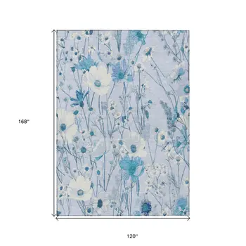 10' X 14' Sky Blue And Denim Blue Floral Washable Indoor Outdoor Area Rug