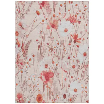 3' X 5' Salmon And Coral Floral Washable Indoor Outdoor Area Rug