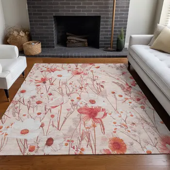 3' X 5' Salmon And Coral Floral Washable Indoor Outdoor Area Rug