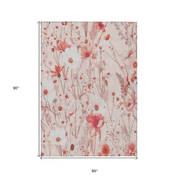 5' X 8' Salmon And Coral Floral Washable Indoor Outdoor Area Rug