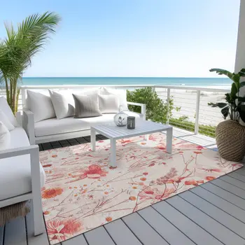 5' X 8' Salmon And Coral Floral Washable Indoor Outdoor Area Rug