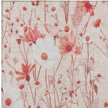 5' X 8' Salmon And Coral Floral Washable Indoor Outdoor Area Rug