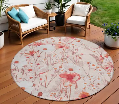 8' Salmon And Coral Round Floral Washable Indoor Outdoor Area Rug