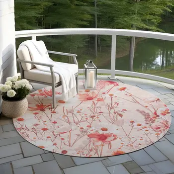 8' Salmon And Coral Round Floral Washable Indoor Outdoor Area Rug