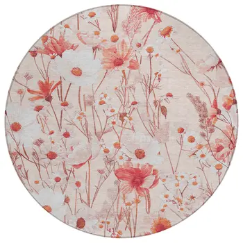 8' Salmon And Coral Round Floral Washable Indoor Outdoor Area Rug