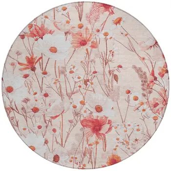 8' Salmon And Coral Round Floral Washable Indoor Outdoor Area Rug
