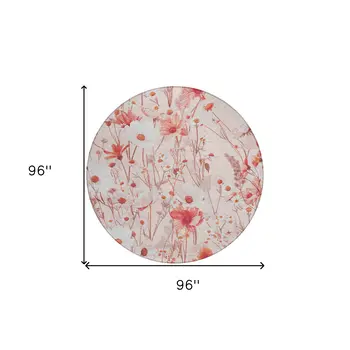 8' Salmon And Coral Round Floral Washable Indoor Outdoor Area Rug