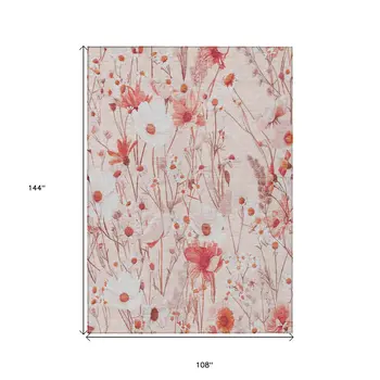 9' X 12' Salmon And Coral Floral Washable Indoor Outdoor Area Rug