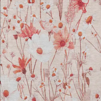 9' X 12' Salmon And Coral Floral Washable Indoor Outdoor Area Rug