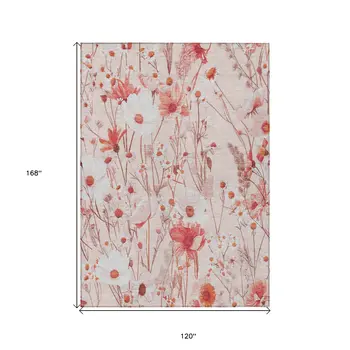 10' X 14' Salmon And Coral Floral Washable Indoor Outdoor Area Rug