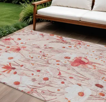 10' X 14' Salmon And Coral Floral Washable Indoor Outdoor Area Rug