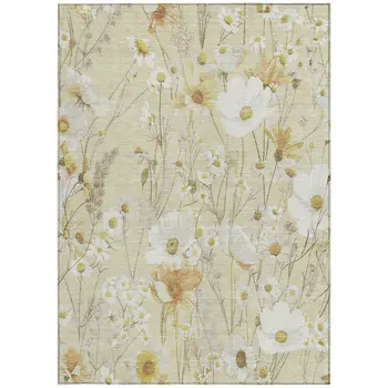 3' X 5' Wheat And Ivory Floral Washable Indoor Outdoor Area Rug