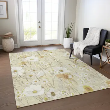 3' X 5' Wheat And Ivory Floral Washable Indoor Outdoor Area Rug