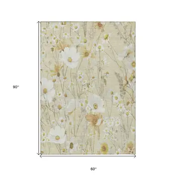 5' X 8' Wheat And Ivory Floral Washable Indoor Outdoor Area Rug