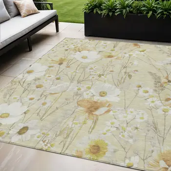 5' X 8' Wheat And Ivory Floral Washable Indoor Outdoor Area Rug