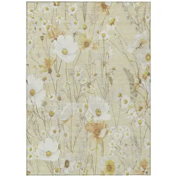5' X 8' Wheat And Ivory Floral Washable Indoor Outdoor Area Rug