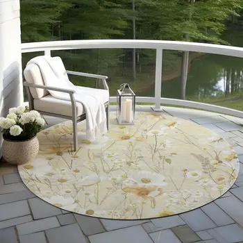 8' Wheat And Ivory Round Floral Washable Indoor Outdoor Area Rug