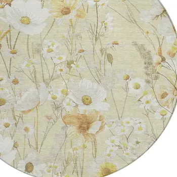 8' Wheat And Ivory Round Floral Washable Indoor Outdoor Area Rug
