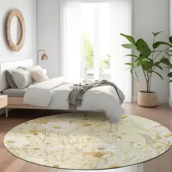 8' Wheat And Ivory Round Floral Washable Indoor Outdoor Area Rug