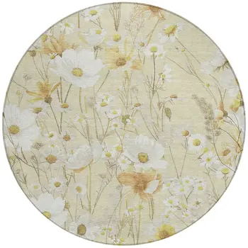 8' Wheat And Ivory Round Floral Washable Indoor Outdoor Area Rug