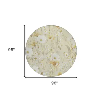8' Wheat And Ivory Round Floral Washable Indoor Outdoor Area Rug
