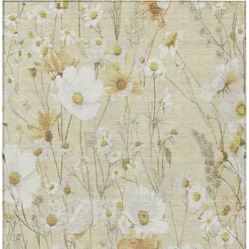 8' X 10' Wheat And Ivory Floral Washable Indoor Outdoor Area Rug