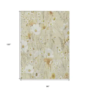 8' X 10' Wheat And Ivory Floral Washable Indoor Outdoor Area Rug