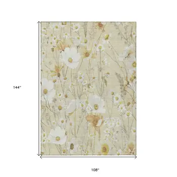 9' X 12' Wheat And Ivory Floral Washable Indoor Outdoor Area Rug