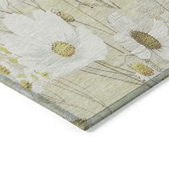9' X 12' Wheat And Ivory Floral Washable Indoor Outdoor Area Rug