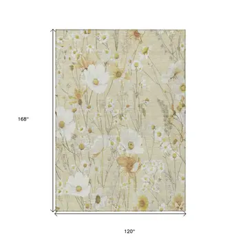 10' X 14' Wheat And Ivory Floral Washable Indoor Outdoor Area Rug