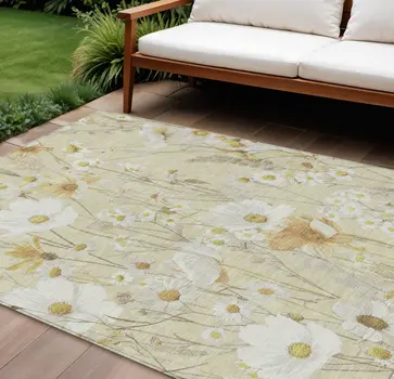 10' X 14' Wheat And Ivory Floral Washable Indoor Outdoor Area Rug