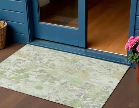 3' X 5' Artichoke Green Lavender And Beige Floral Washable Indoor Outdoor Area Rug