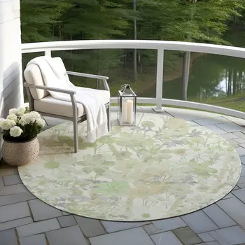 8' Artichoke Green Lavender And Beige Round Floral Washable Indoor Outdoor Area Rug