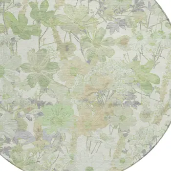 8' Artichoke Green Lavender And Beige Round Floral Washable Indoor Outdoor Area Rug