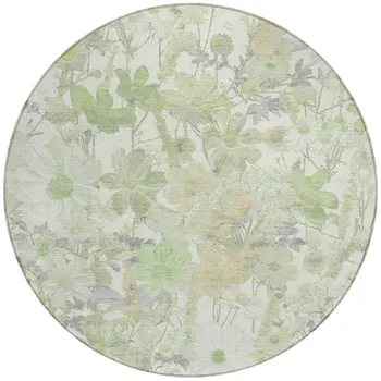 8' Artichoke Green Lavender And Beige Round Floral Washable Indoor Outdoor Area Rug