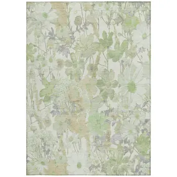 9' X 12' Artichoke Green Lavender And Beige Floral Washable Indoor Outdoor Area Rug