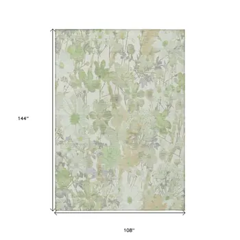 9' X 12' Artichoke Green Lavender And Beige Floral Washable Indoor Outdoor Area Rug