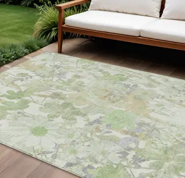 9' X 12' Artichoke Green Lavender And Beige Floral Washable Indoor Outdoor Area Rug